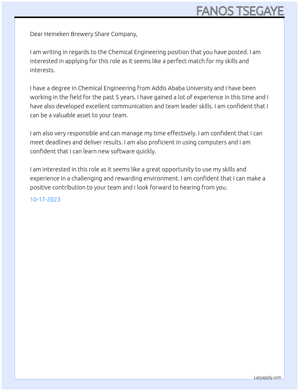 Chemical Engineering  At Heineken Brewery Share Company  Cover Letter