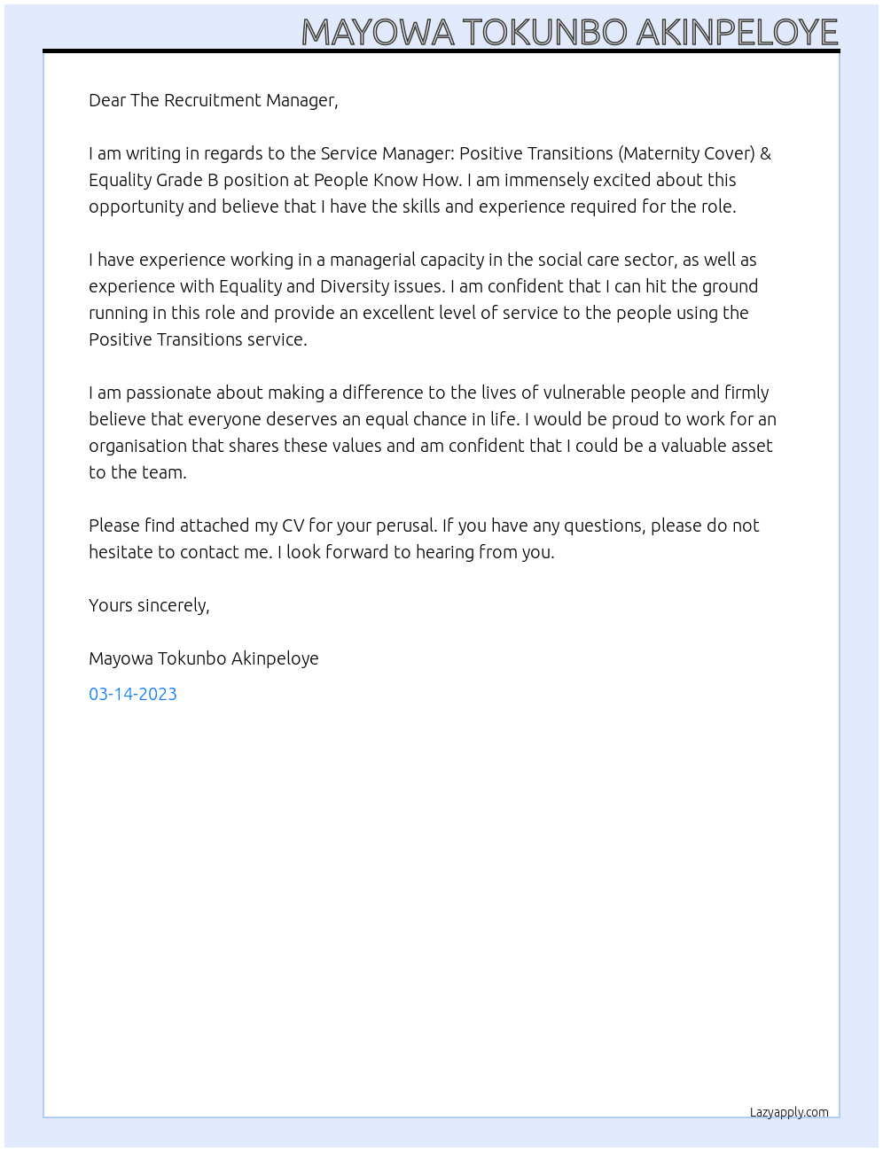 Service Manager: Positive Transitions (Maternity Cover)n & Equality Grade B At People Know How Cover Letter