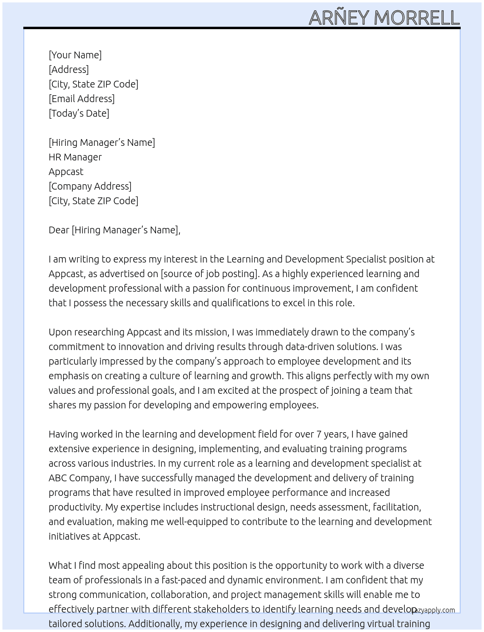Learning and development specialist At Appcast Cover Letter