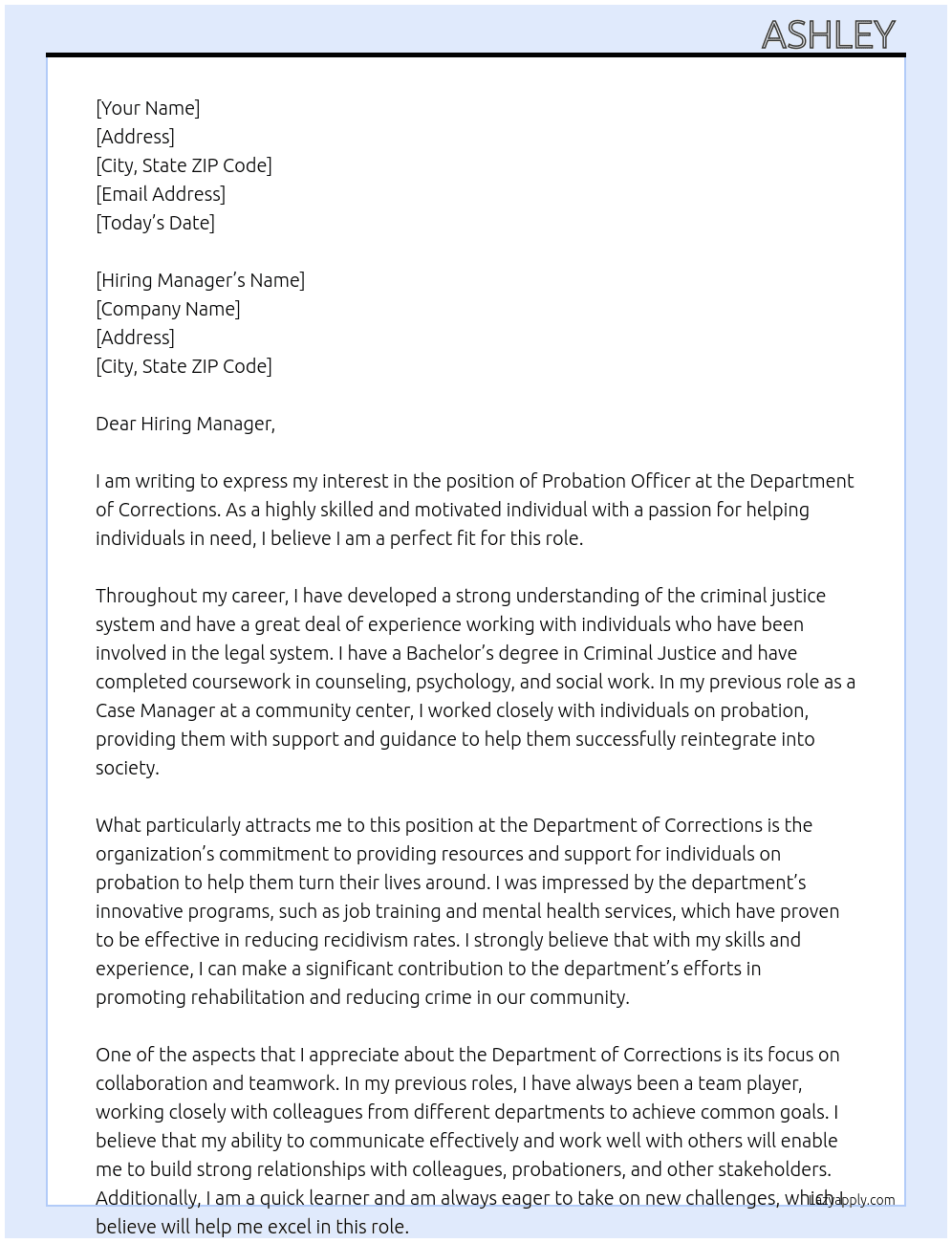 Probation officer  At Dept Of Corr Cover Letter