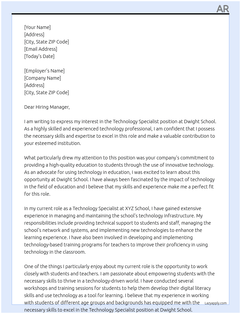Technology Specialist At Dwight School Cover Letter