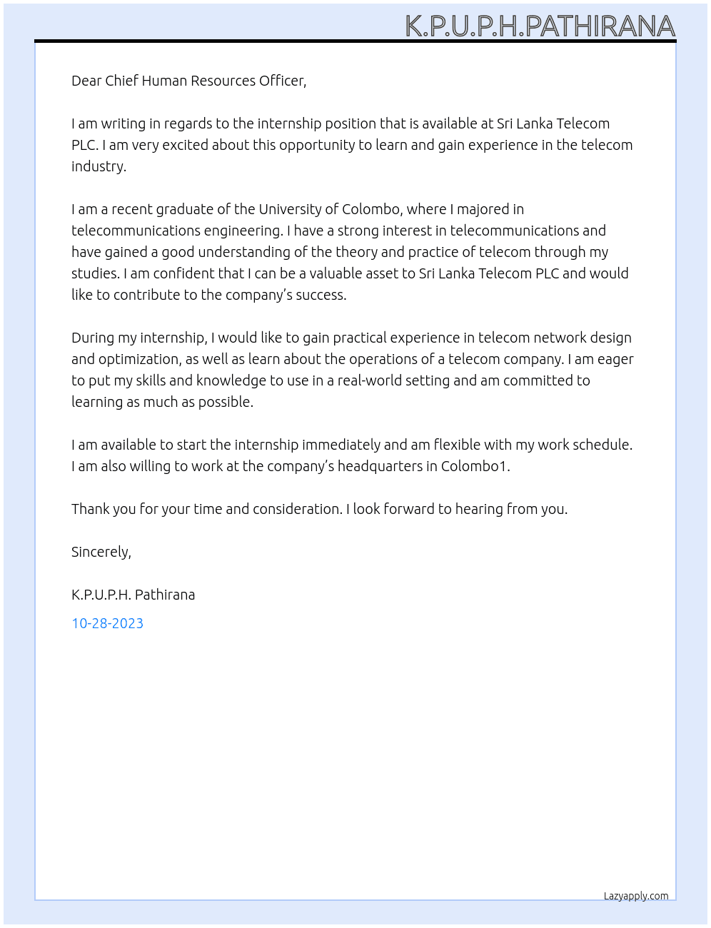 internship At Sri Lanka Telecom PLC Cover Letter