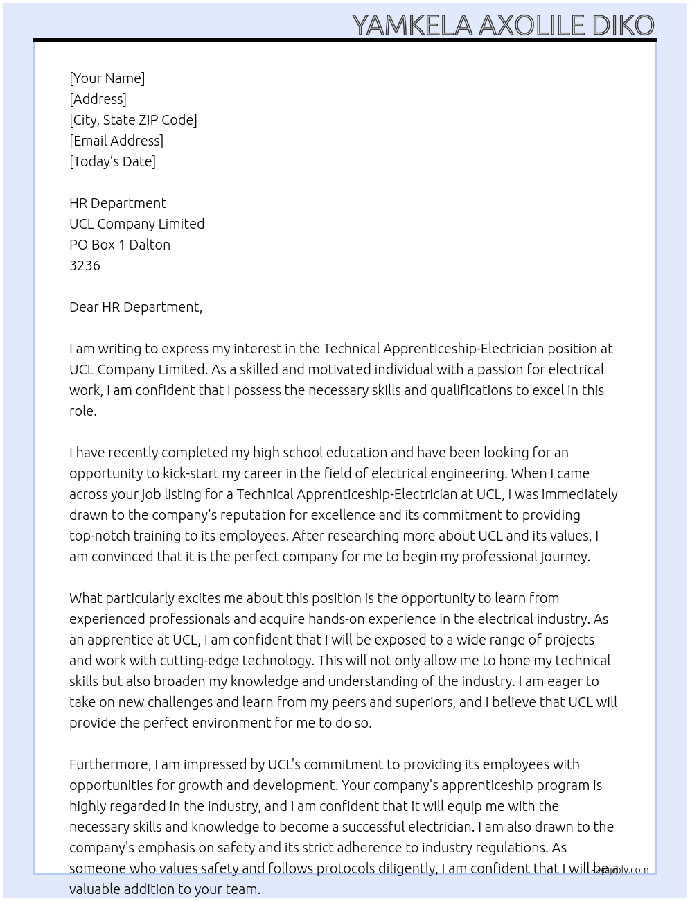 Cover letter for technical apprenticeship-electrician - LazyApply