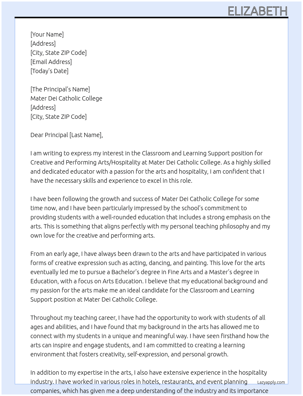 Classroom and Learning Support - Creative and Performing Arts/Hospitality At Mater Dei Catholic COllege Cover Letter