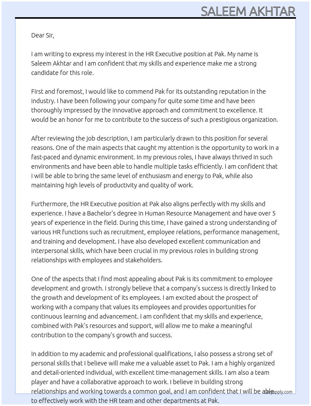 Hr Executive At Pak Cover Letter