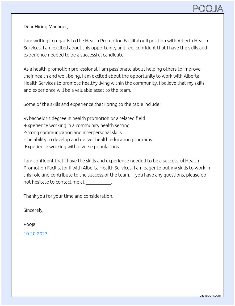 Health Promotion FAcilitator II At Alberta Health Services Cover Letter