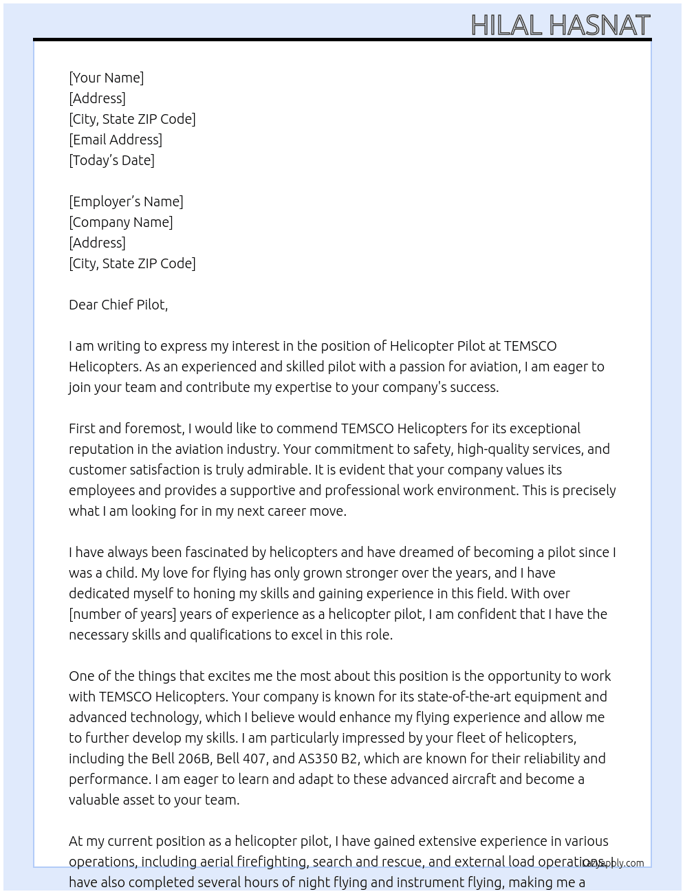 helicopter pilot At TEMSCO Helicopters Cover Letter