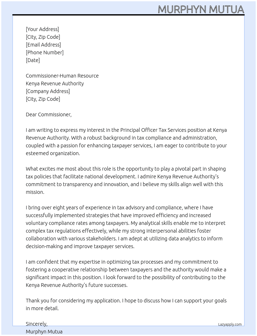 Principal officer Tax services and Experience At Kenya Revenue Authority Cover Letter