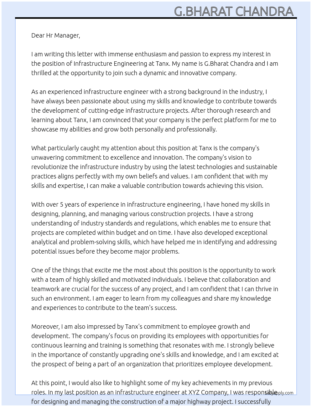 Infrastructure engineering  At Tanx Cover Letter