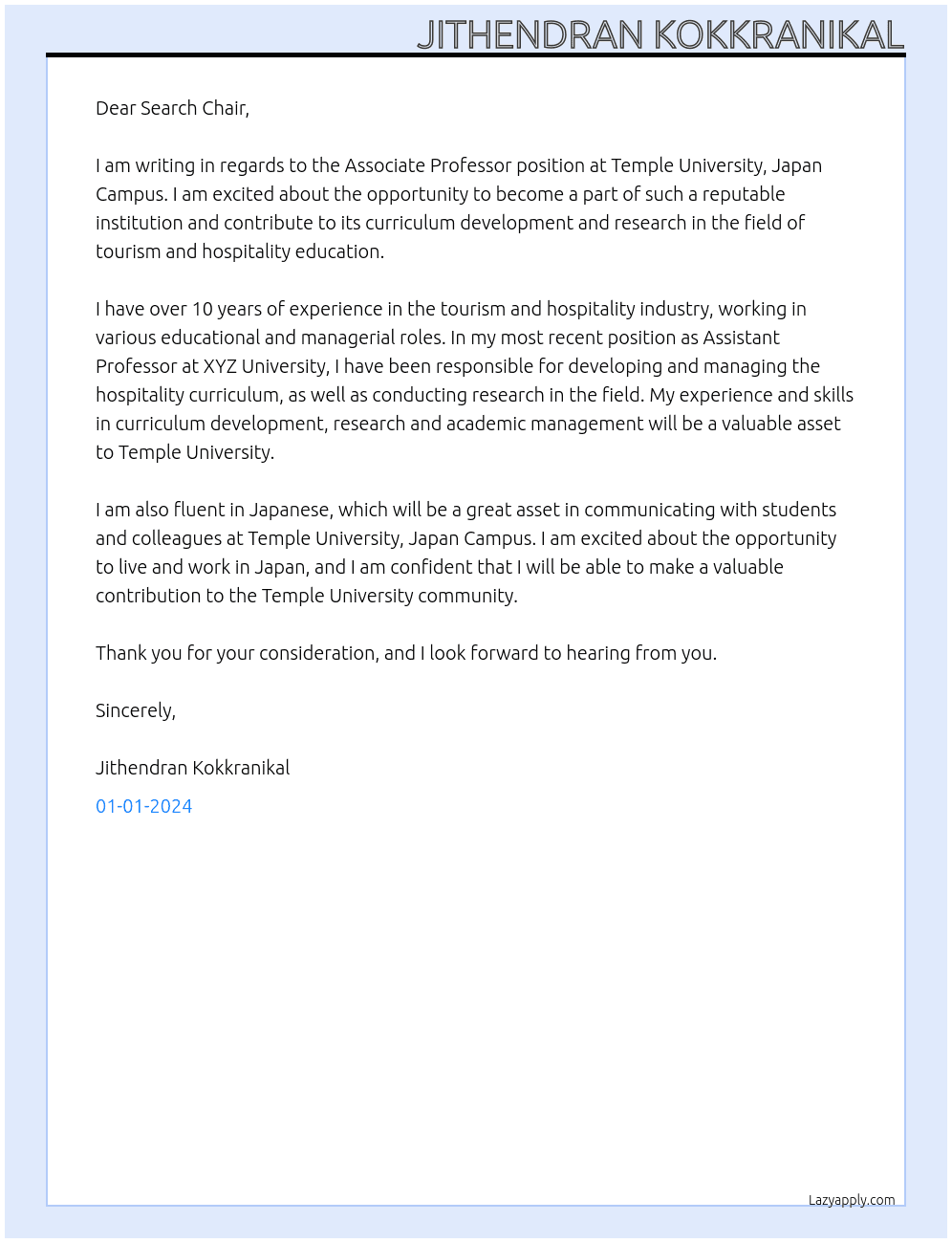 Associate Professor At Temple University, Japan Campus Cover Letter