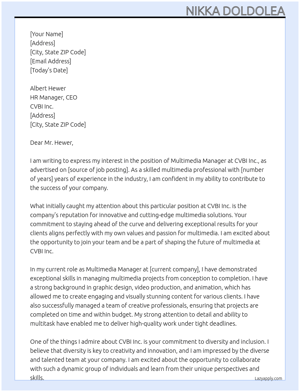 Multimedia Manager At CVBI Inc. Cover Letter
