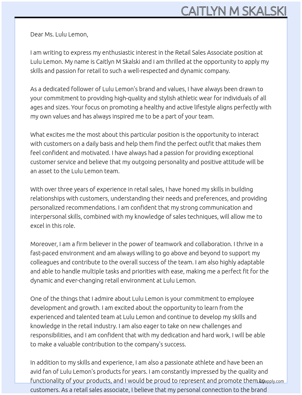 retail sales associate At Lulu Lemon Cover Letter