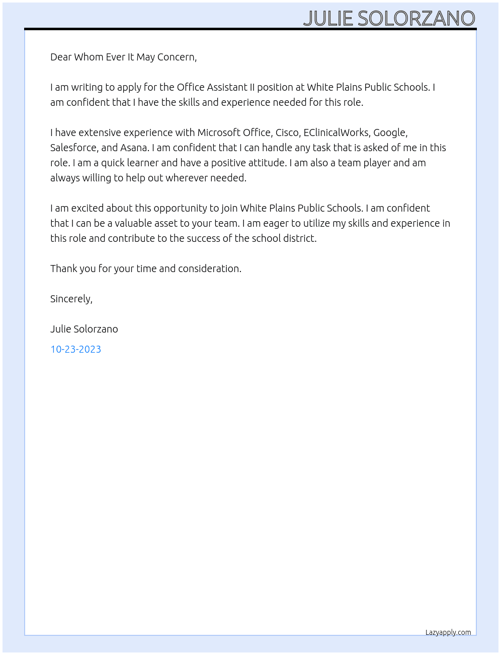 Office Assistant II At White Plains Public Schools Cover Letter