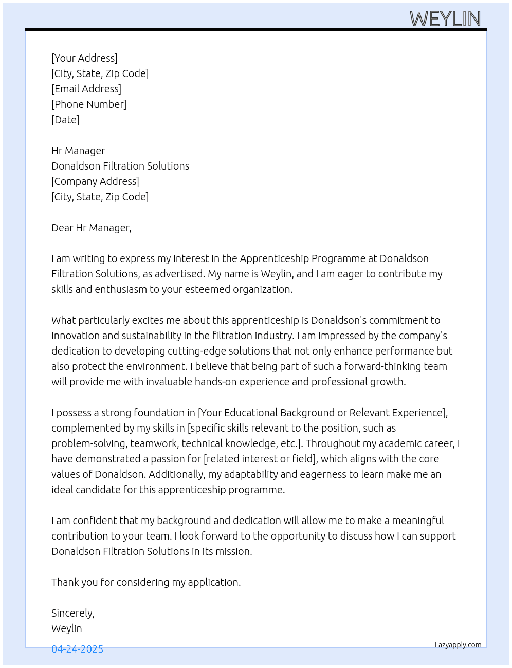 Apprenticeship programme  At Donaldson filtration solutions  Cover Letter