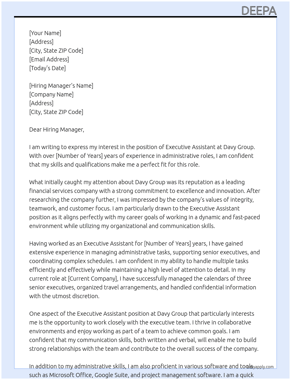 Executive Assistant At  Davy Group Cover Letter
