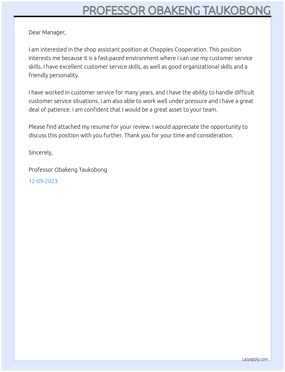 shop assistant At Choppies Cooperation Cover Letter