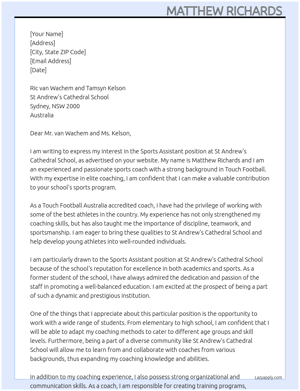 Sports Assistant  At St Andrew's Cathedral School  Cover Letter
