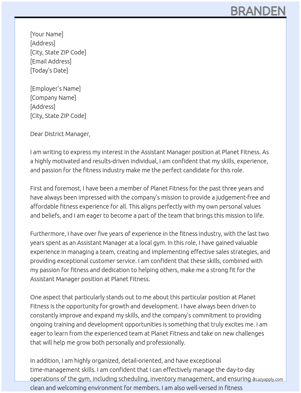 Assistant Manager  At Planet Fitness Cover Letter