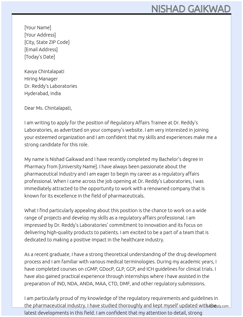 Regulatory Affairs Trainee At Dr. Reddy's Laboratories Cover Letter