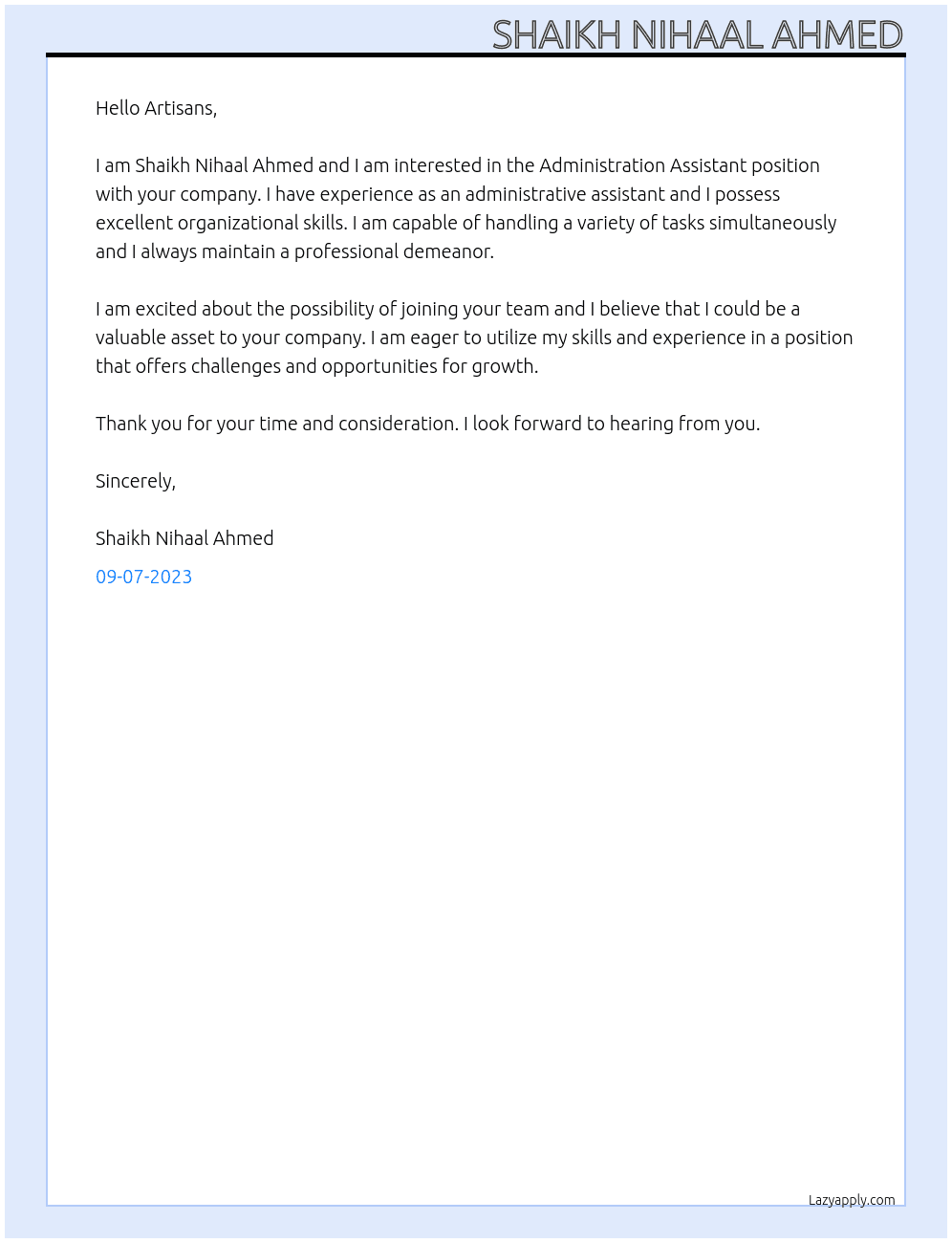 Administration Assistant At Artisans Cover Letter