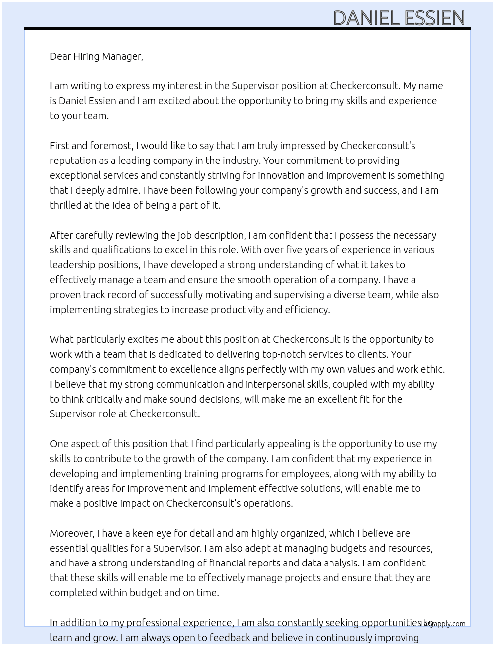 Supervisor  At Checkerconsult Cover Letter
