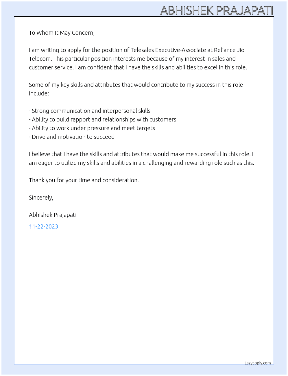 TELESALES EXECUTIVE-ASSOCIATE At RELIANCE JIO TELECOM Cover Letter