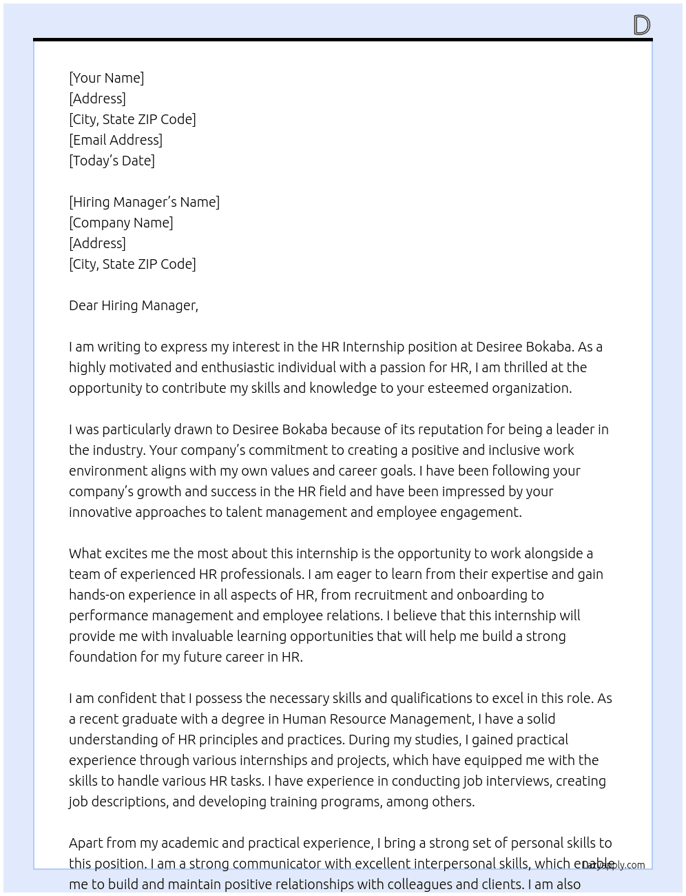 HR intwrnship At Desiree Bokaba Cover Letter