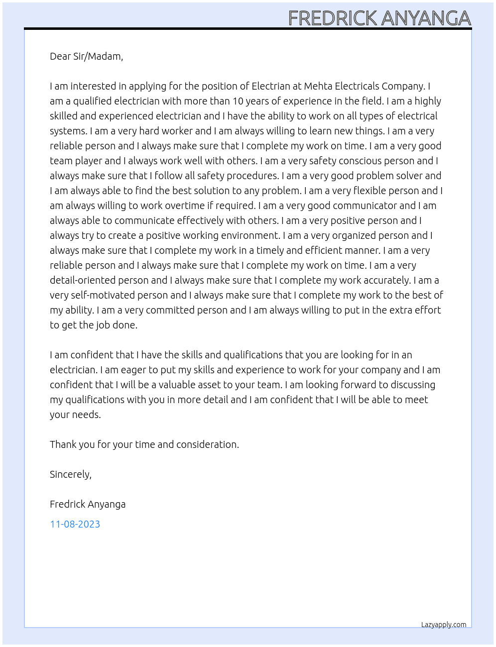 Electrian At Mehta Electricals Company Cover Letter