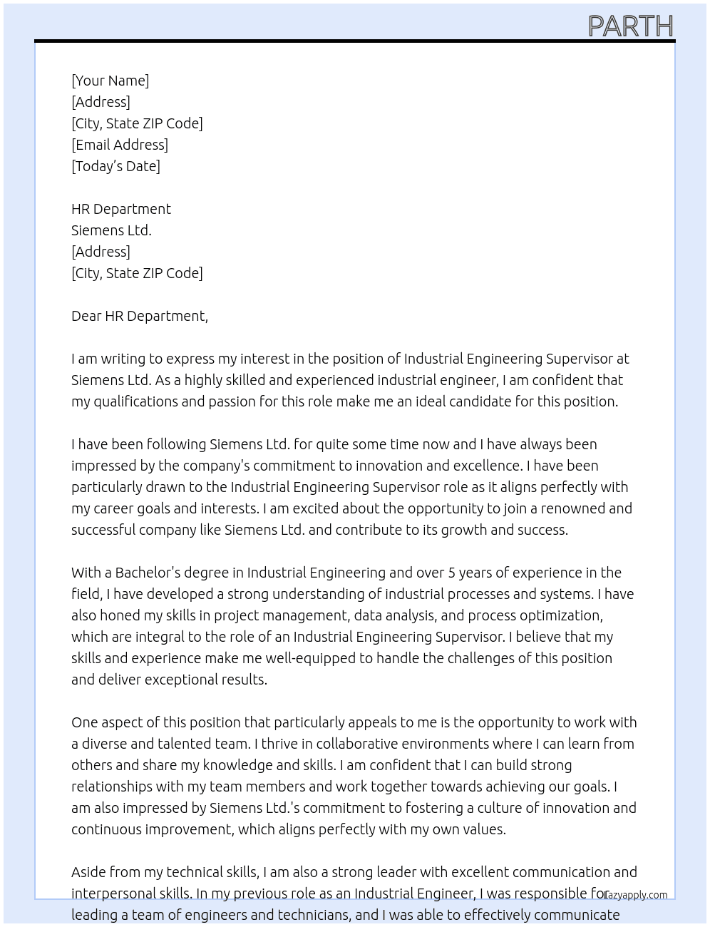 Industrial Engineering supervisor At SEIMENS LTD Cover Letter