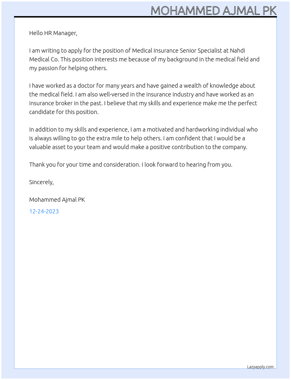 Medical Insurance Senior Specialist At Nahdi Medical Co Cover Letter