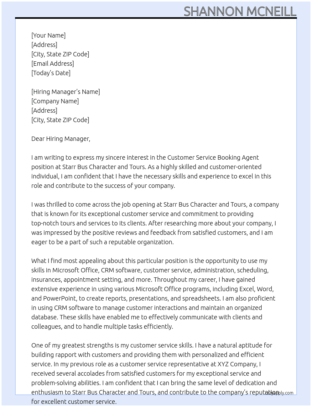 Customer service booking agent At Starr bus character and tours   Cover Letter