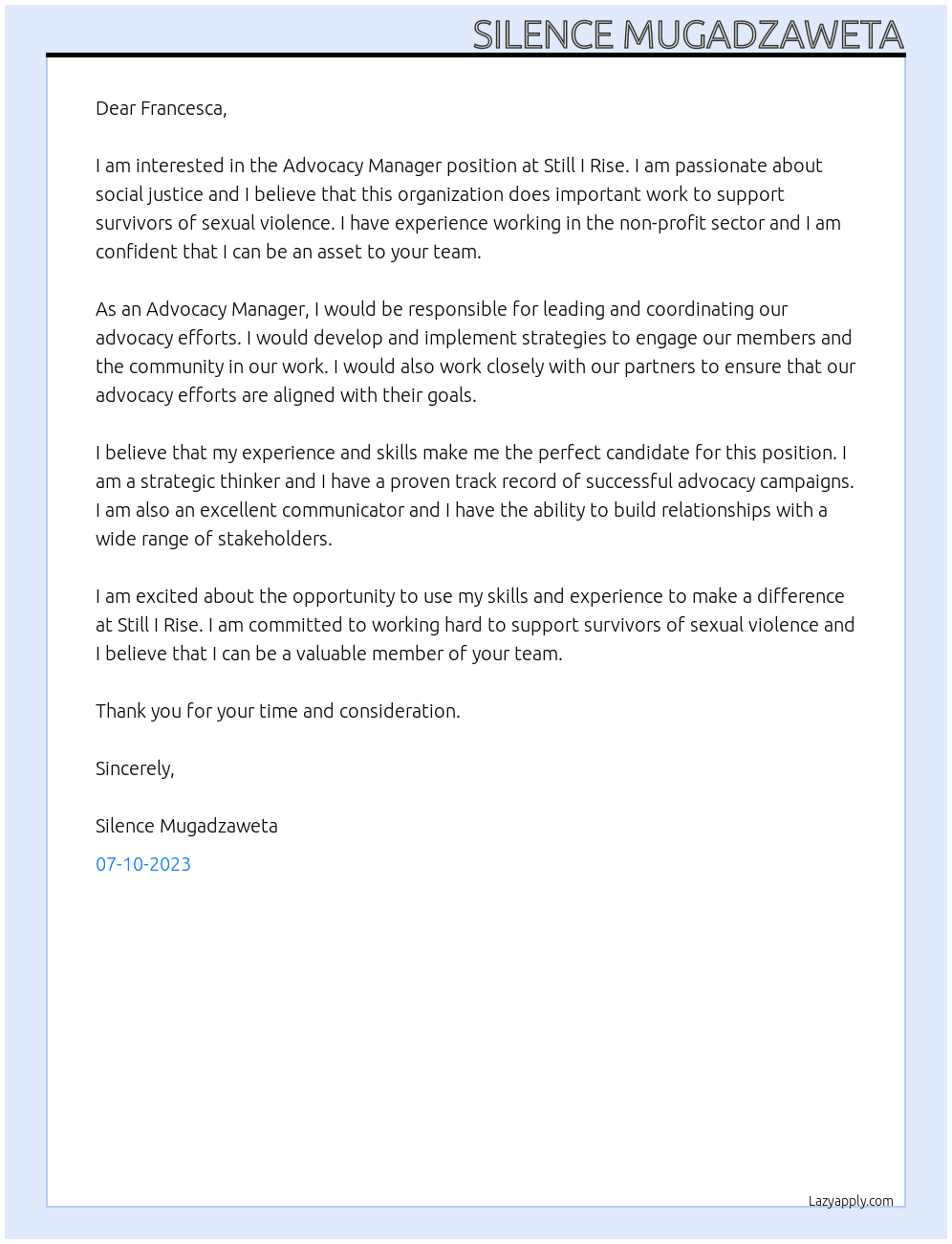 Advocacy Manager At Still I Rise Cover Letter