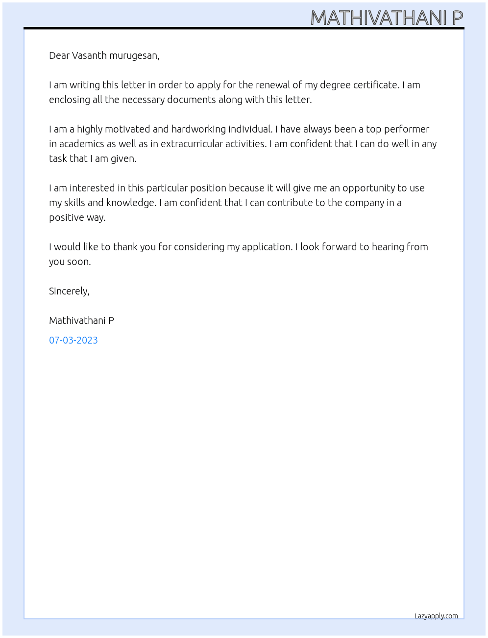 For renewal of degree certificate  At Person  Cover Letter