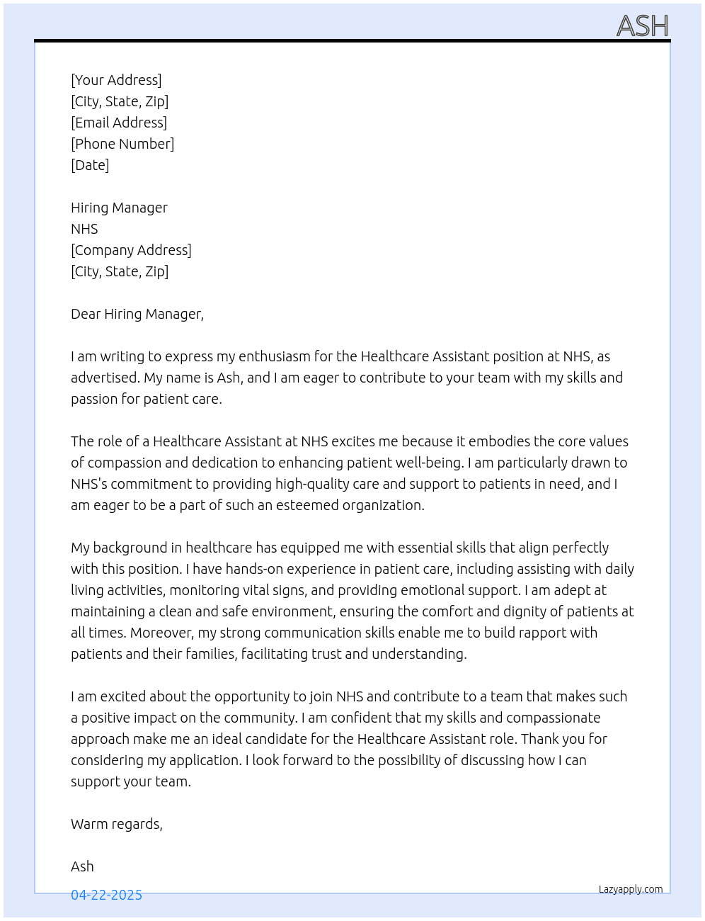 Healthcare Assistant At NHS Cover Letter