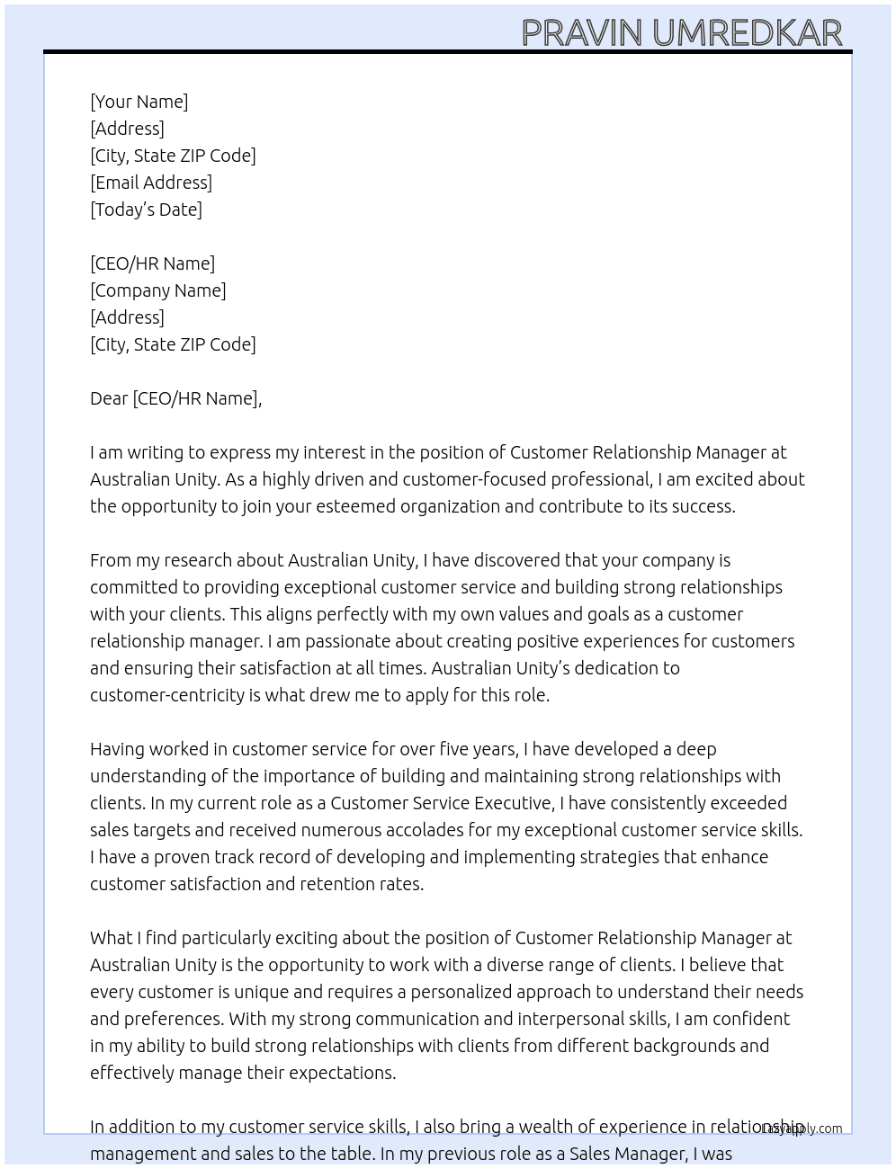 Customer relationship manager  At Australian unity Cover Letter