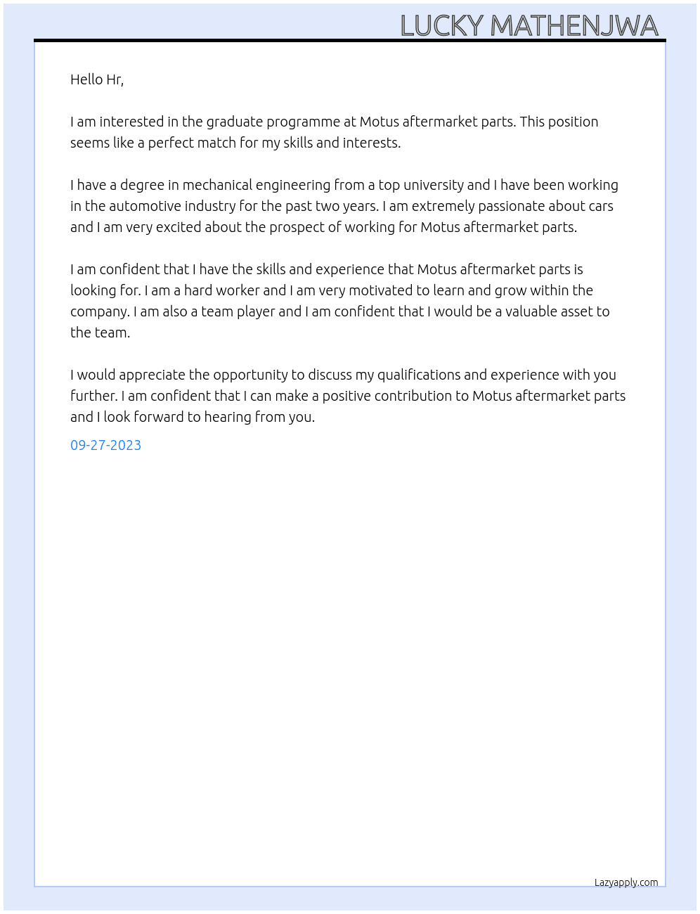 Graduate programme At Motus aftermarket parts Cover Letter