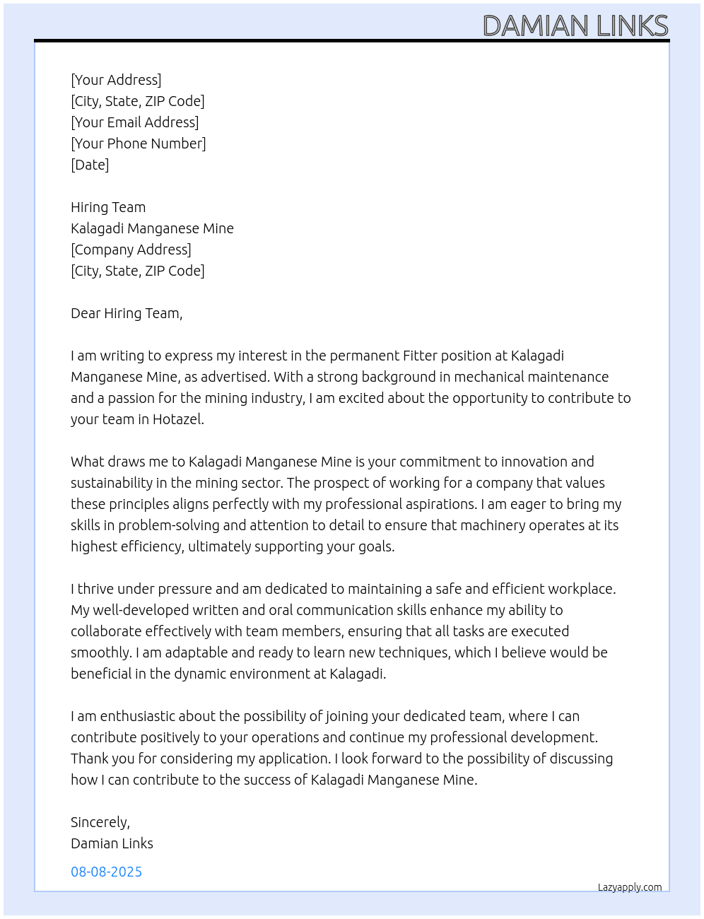 Fitter At Kalagadi Manganese Mine Cover Letter