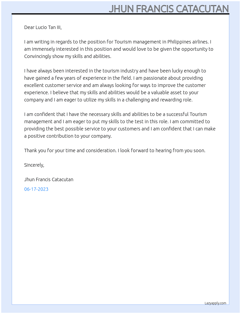 Tourism management At Philippines airlines Cover Letter