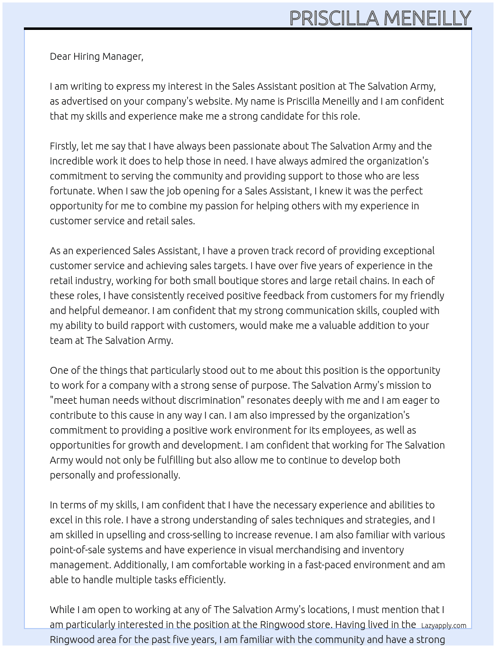 Sales Assistant At The Salvation Army Cover Letter