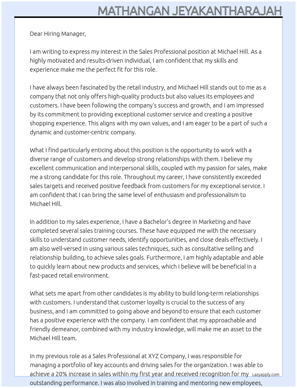 Sales Professional  At Michael Hill Cover Letter