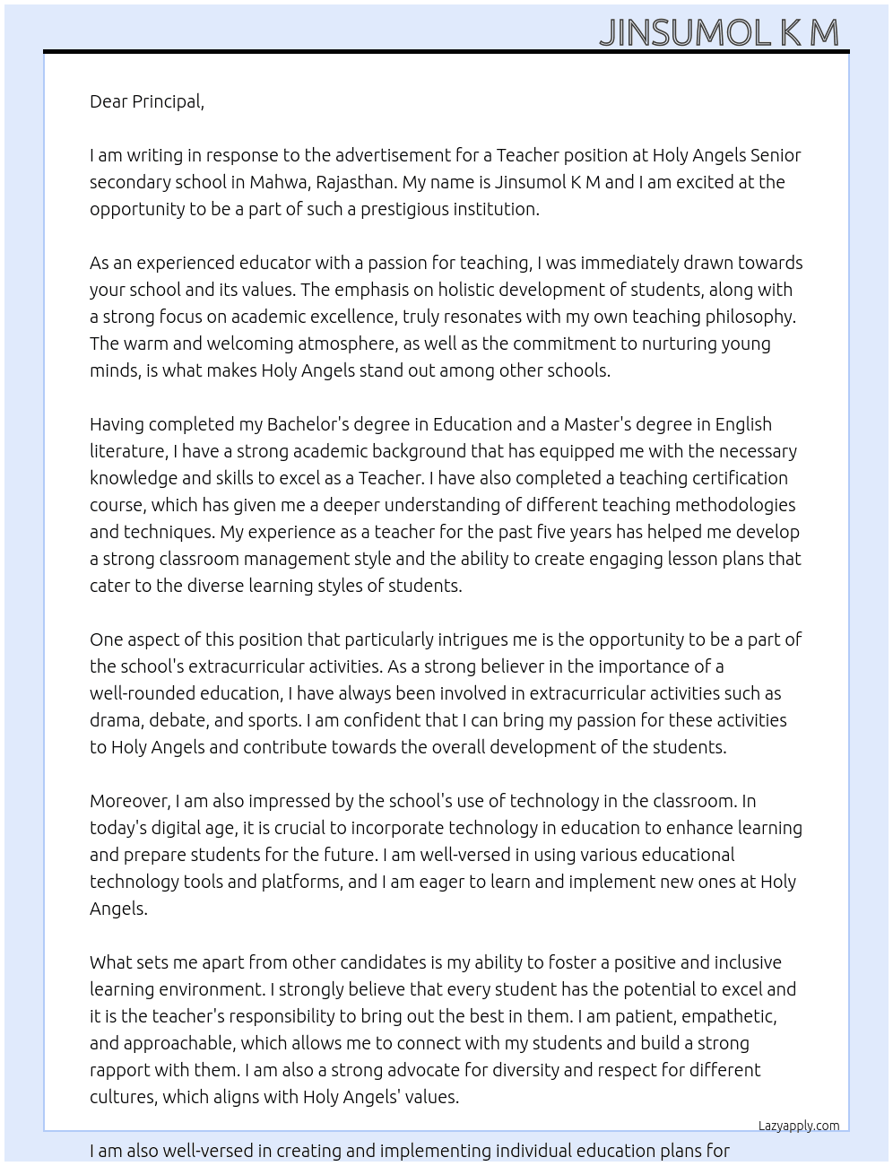 Teacher  At Holy Angels Senior secondary school Mahwa Rajasthan  Cover Letter