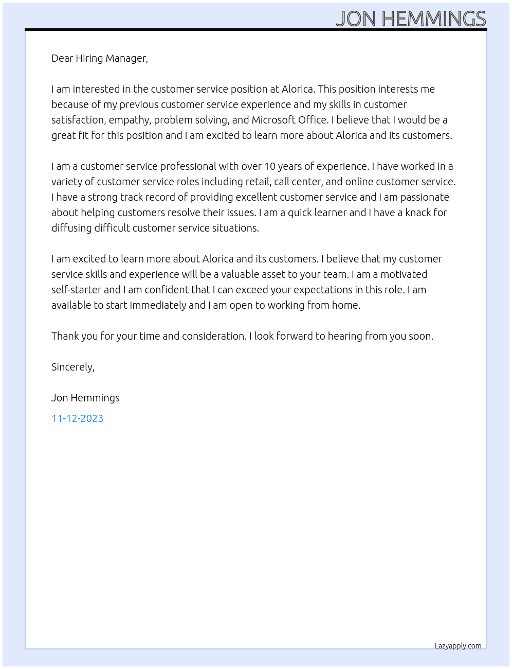 Customer service  At Alorica Cover Letter