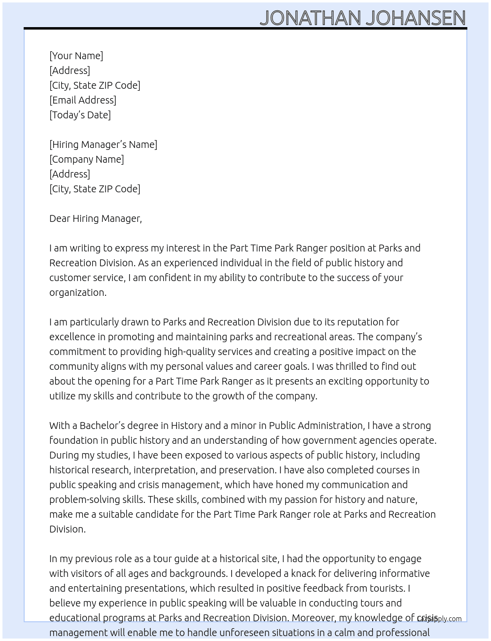 Part Time Park Ranger At Parks and Recreation Division Cover Letter
