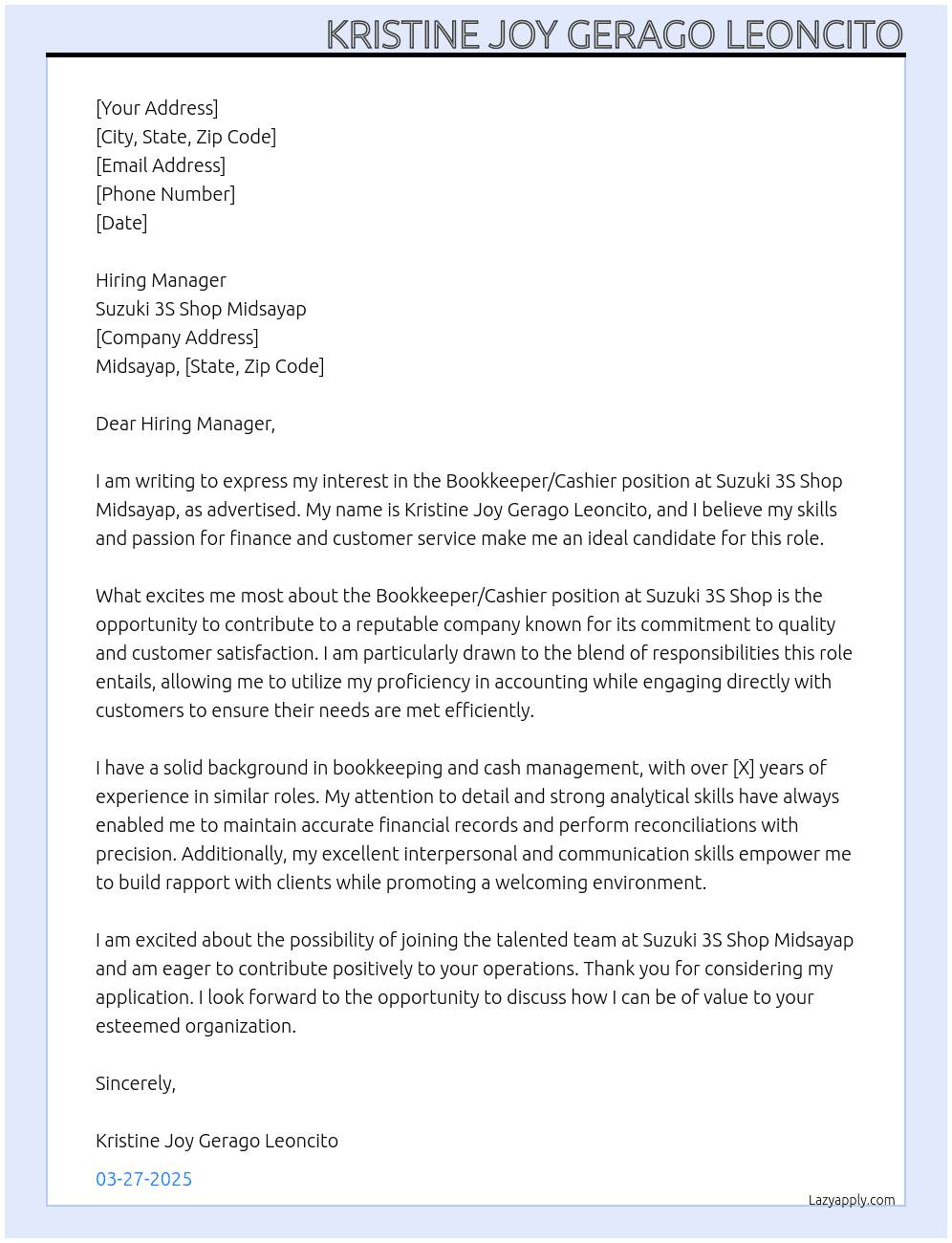 Bookjeeper/Cashier At Suzuki 3s Shop Midsayap Cover Letter