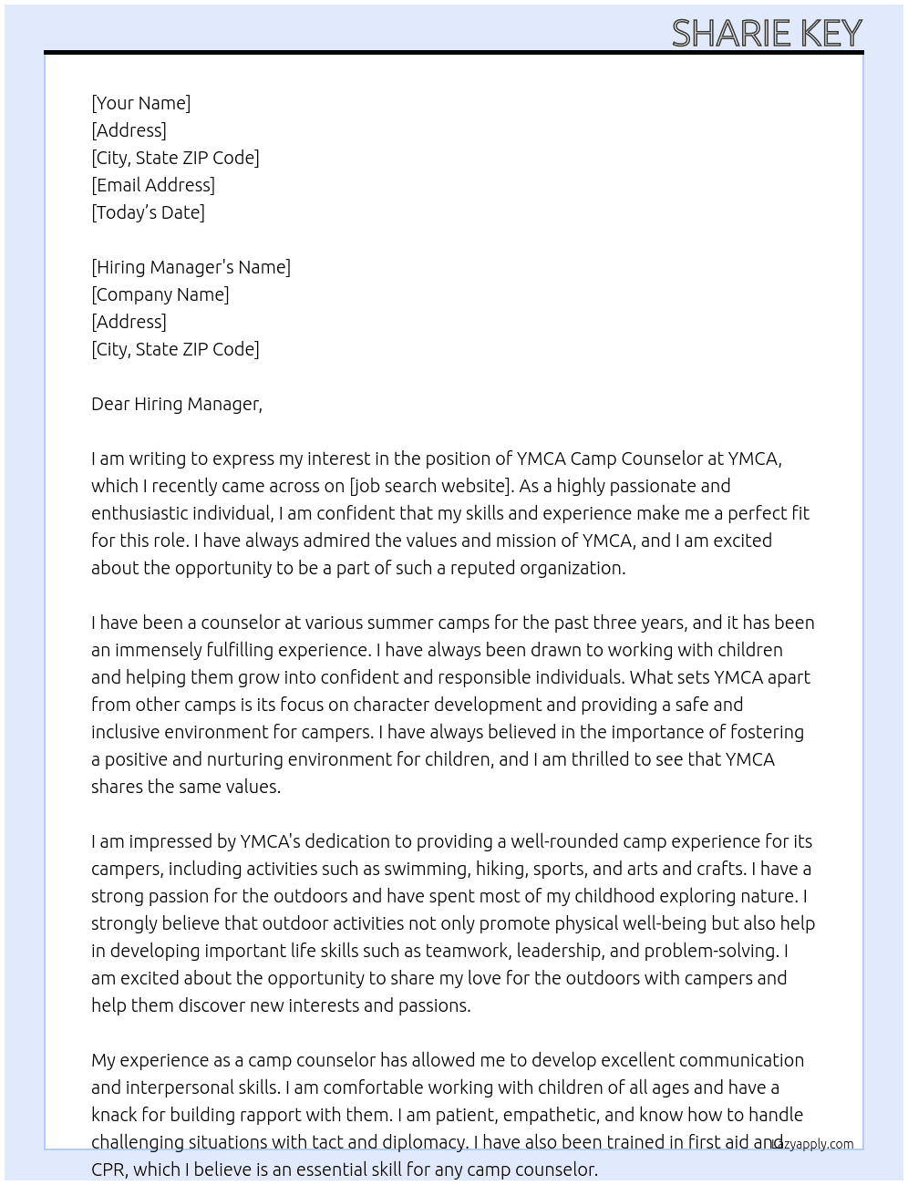 YMCA Camp Counsler At YMCA Cover Letter