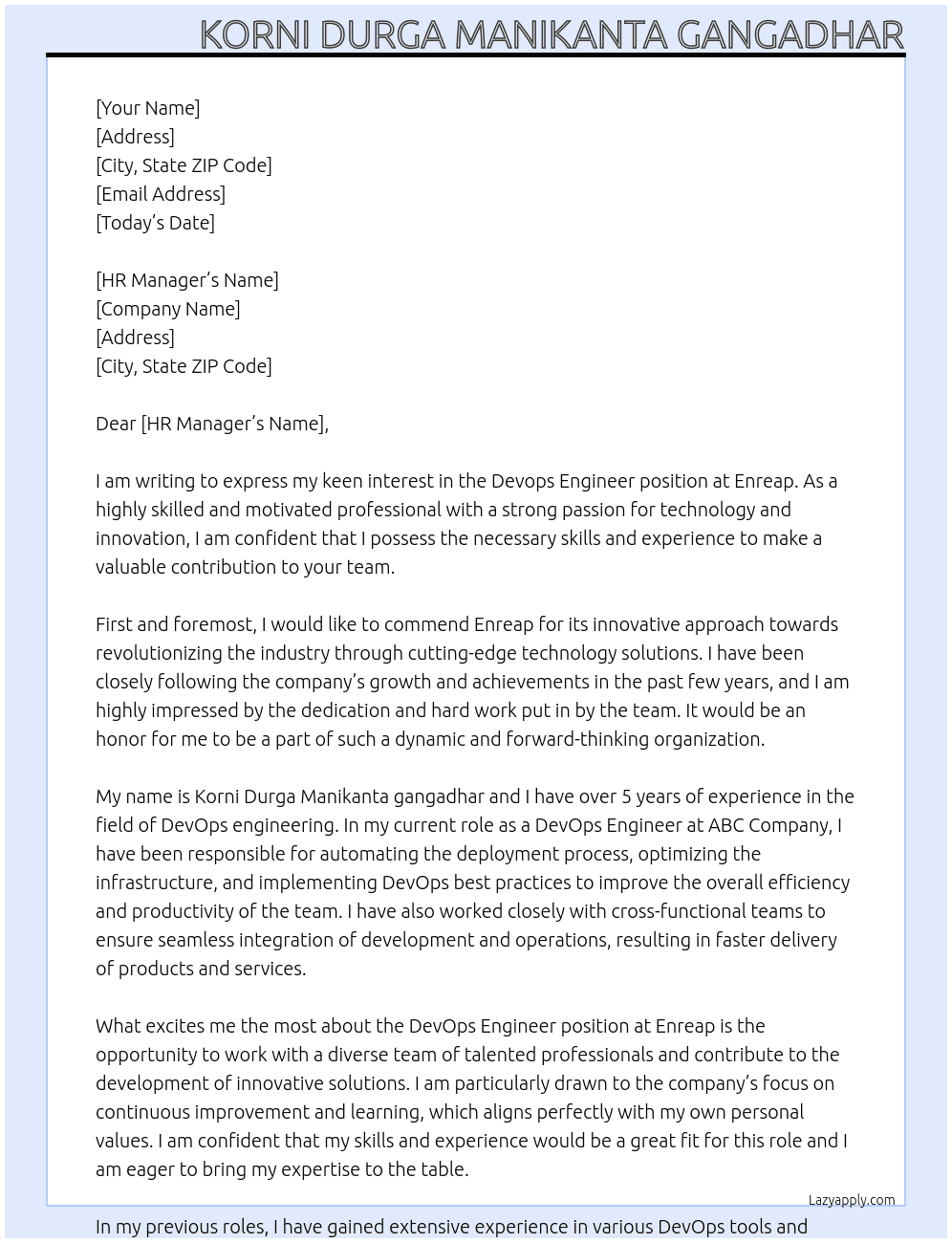 Devops engineer At Enreap Cover Letter