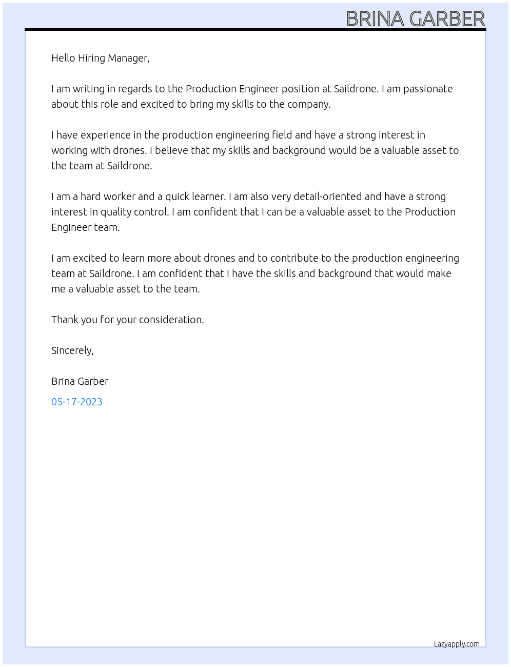 Production Engineer At Saildrone Cover Letter