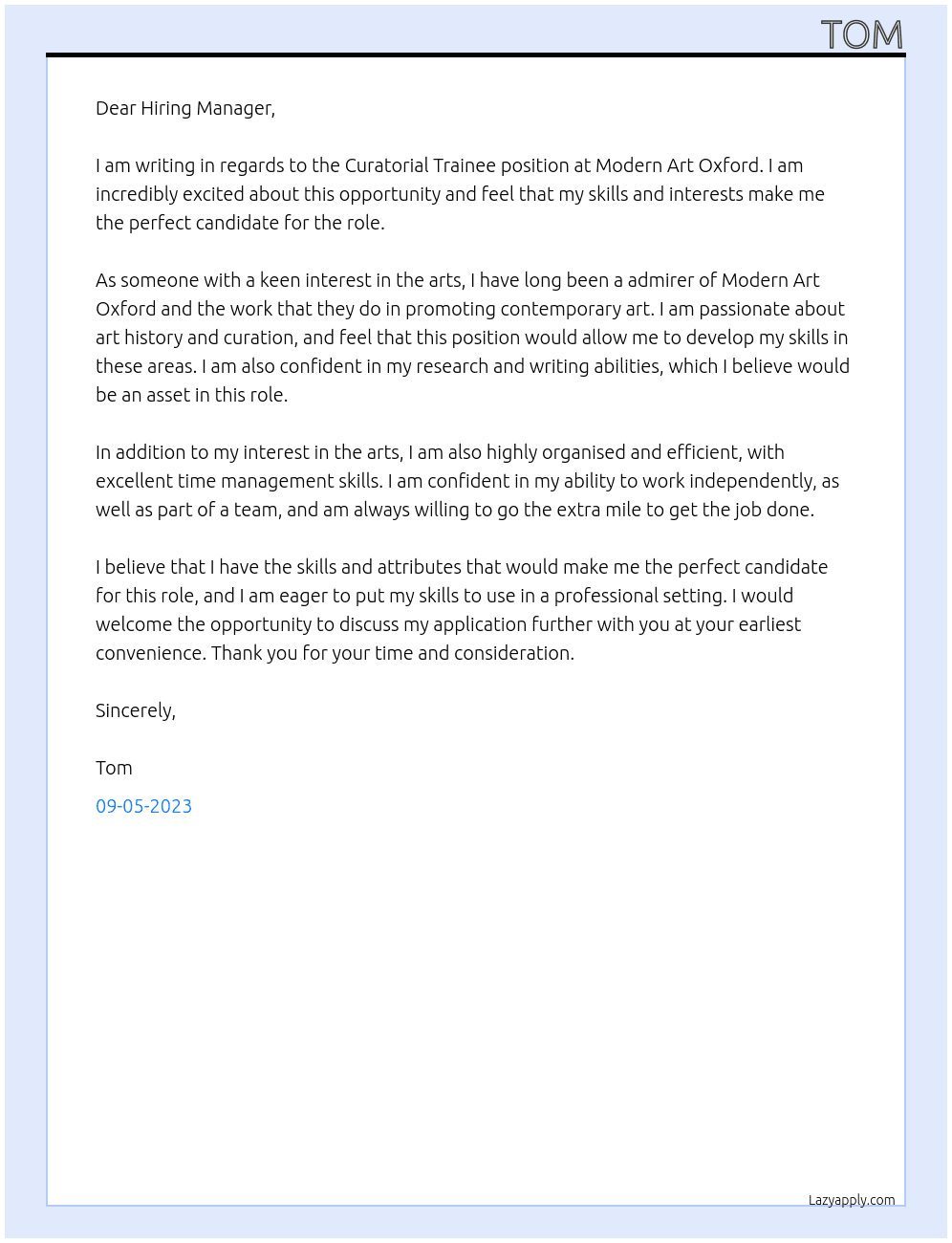Curatorial Trainee At Modern Art Oxford Cover Letter