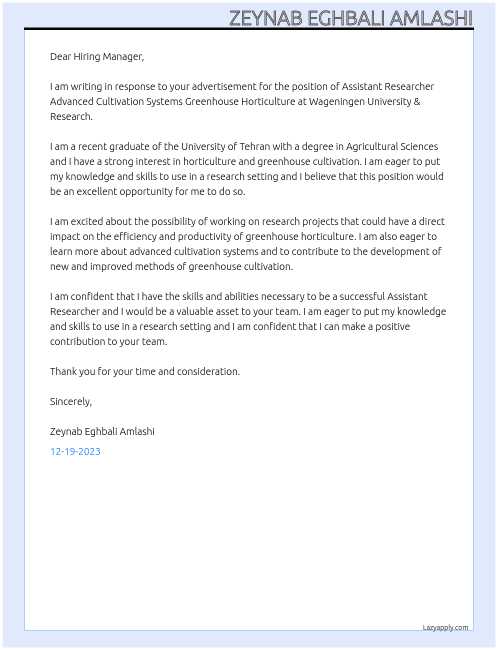  Assistant Researcher Advanced Cultivation Systems Greenhouse Horticulture At Wageningen University & Research Cover Letter