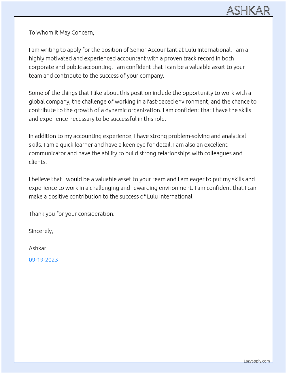 Senior Accountant  At Lulu International Cover Letter